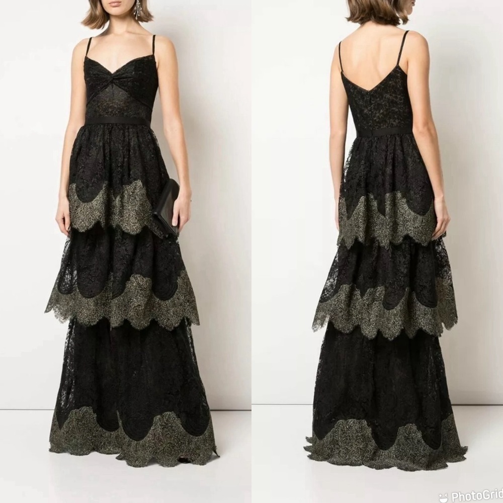 NWT MARCHESA NOTTE SLEEVELESS METALLIC SCALLOP LACE GOWN IN BLACK